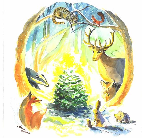 KI generiert: Das Bild zeigt eine Gruppe von Waldtieren, die sich um einen kleinen, von warmem Licht umgebenen Tannenbaum versammelt haben. Die Tiere scheinen den Baum neugierig oder andächtig zu betrachten.