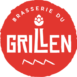 KI generiert: Das Bild zeigt ein rotes Logo mit dem Text "Brasserie du Grillen". In der Mitte ist ein stilisiertes Hopfensymbol zu sehen.