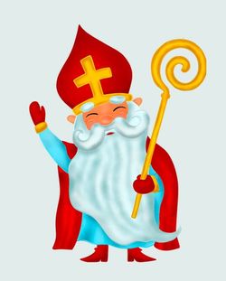 KI generiert: Das Bild zeigt eine fröhliche, bärtige Figur in rotem Gewand mit Mitra, Kreuz und Bischofsstab, die an Sankt Nikolaus erinnert. Die Figur winkt freundlich und hat einen weißen Bart.

