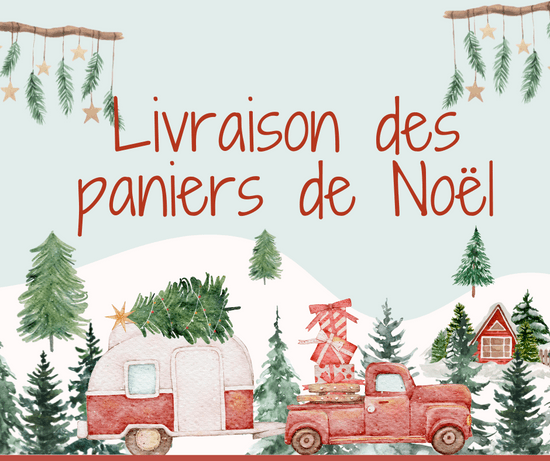 KI generiert: Das Bild zeigt ein weihnachtliches Thema mit einem roten Lastwagen, der einen Anhänger voller Weihnachtsbäume zieht. Im Hintergrund sind verschneite Tannen und ein kleines Haus zu sehen, begleitet von dem Schriftzug "Livraison des paniers de Noël".