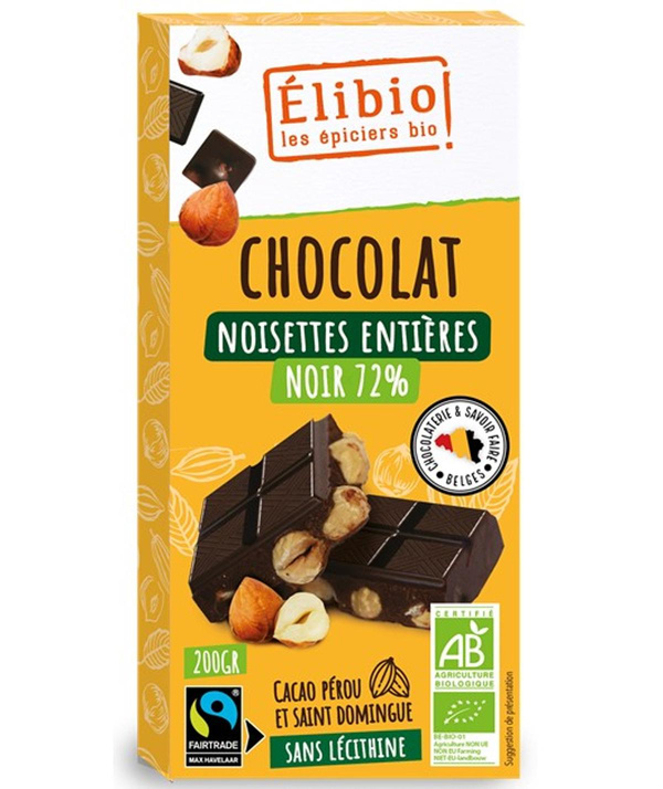 Photo de produit pour Chocolat noir 72% aux noisettes entières toastées 180g