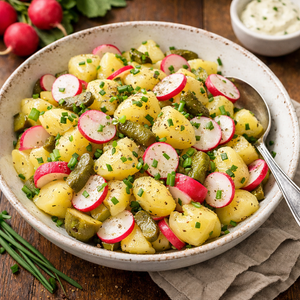 KI generiert: Das Bild zeigt ein gebackenes Gericht aus Kartoffeln und möglicherweise weiteren Zutaten wie Zwiebeln und Gemüse in einer rechteckigen Form. Eine Gabel und ein Löffel liegen darauf.
