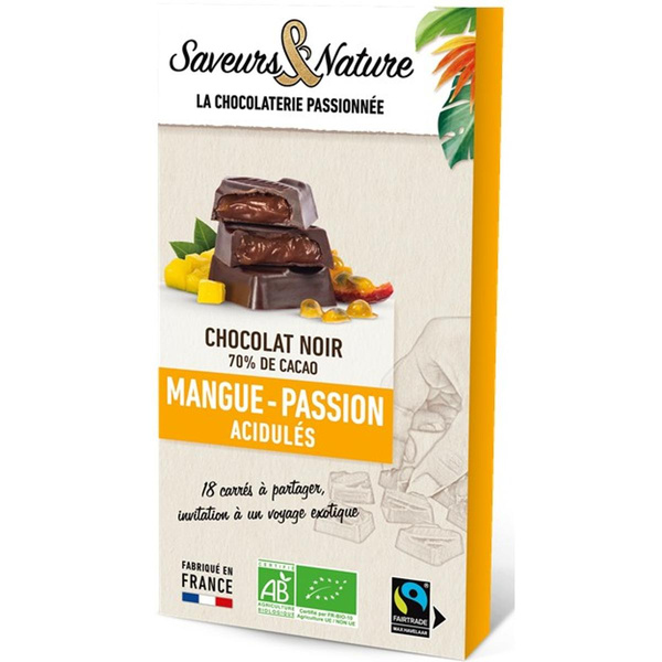 Photo de produit pour Carrés fourrés mangue-passion enrobés de chocolat noir 18p 80g