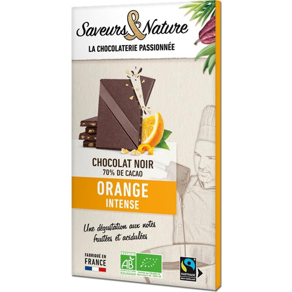 Photo de produit pour Chocolat noir 70% de cacao aux écorces d'oranges 80g