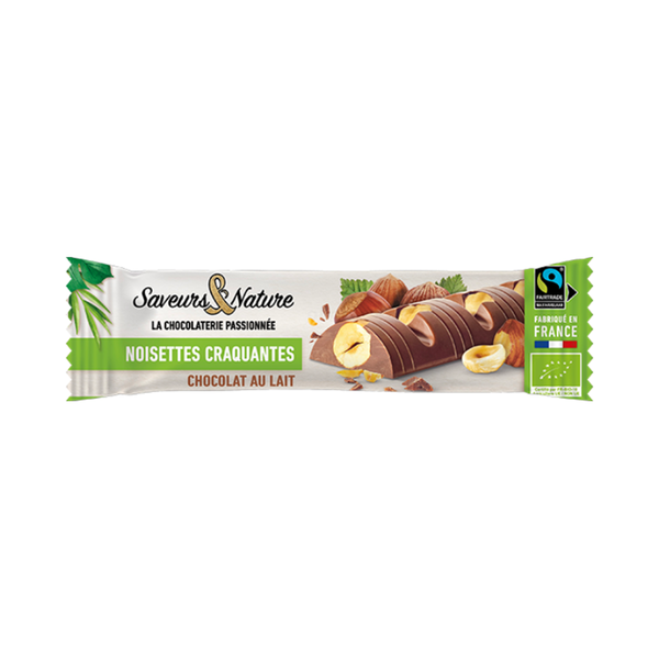 Photo de produit pour Barre chocolat lait incrustée noisette 30g