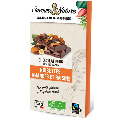 Photo de produit pour Chocolat noir 70% Amandes, noisettes et raisins secs 100g