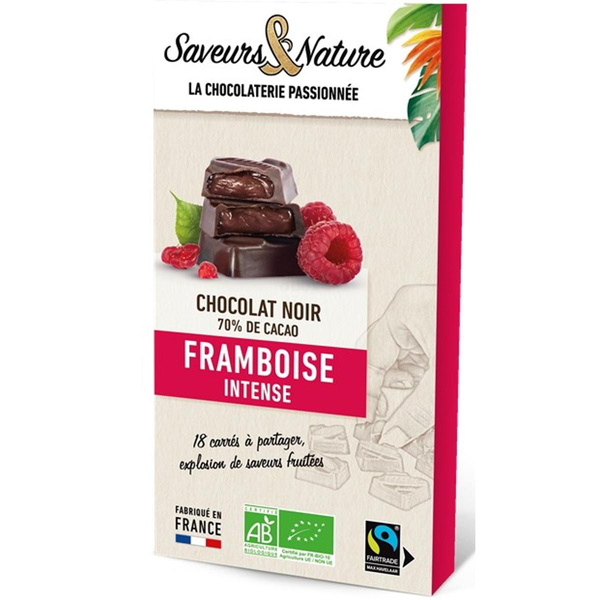 Photo de produit pour Carrés fourrés framboise enrobés de chocolat noir 18p 80g