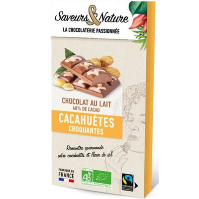 Photo de produit pour Chocolat lait 40% de cacao à la fleur de sel, cacahuètes 100g