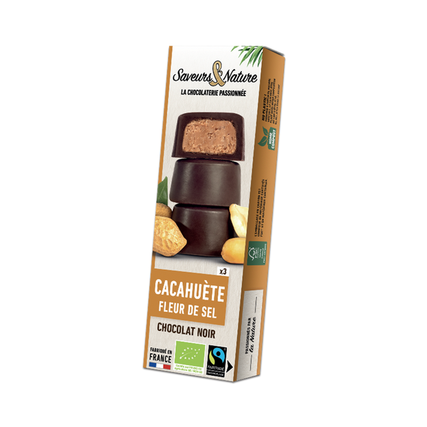 Photo de produit pour Bouchées cacahuètes & Fleur de sel enrobées de chocolat noir 3x15g
