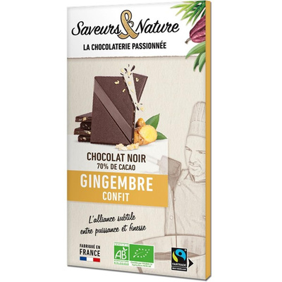 Photo de produit pour Chocolat noir 70% de cacao au gingembre confit 80g