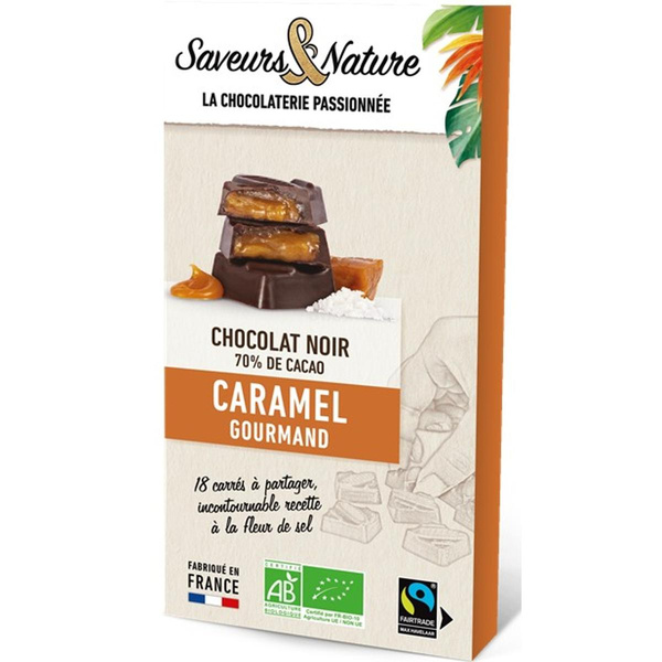 Photo de produit pour Carrés fourrés caramel enrobés de chocolat noir 18p 80g