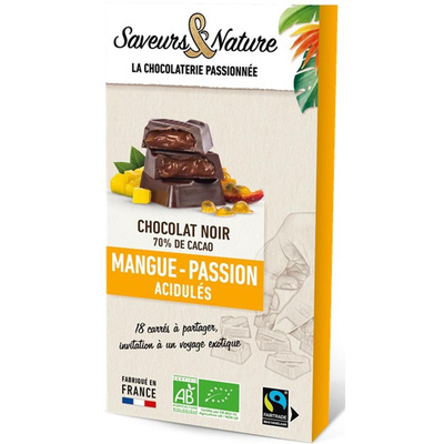 Photo de produit pour Carrés fourrés mangue-passion enrobés de chocolat noir 18p 80g