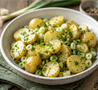 KI generiert: Das Bild zeigt ein gebackenes Gericht aus Kartoffeln und möglicherweise weiteren Zutaten wie Zwiebeln und Gemüse in einer rechteckigen Form. Eine Gabel und ein Löffel liegen darauf.