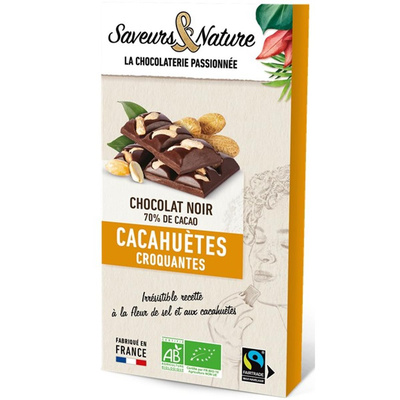 Photo de produit pour Chocolat noir 70% de cacao à la fleur de sel, cacahuètes 100g